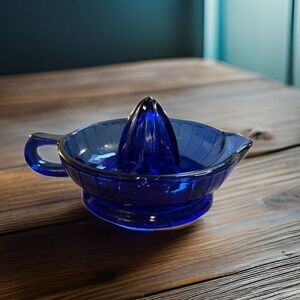 Rare Hazel Atlas Cobalt Blue Reamer with Tab Handle Depression Glass